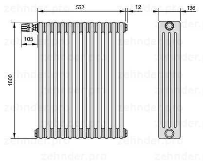 Схема (чертеж) Радиатор Zehnder Charleston 4180/12 №V012 Белый глянцевый RAL 9016